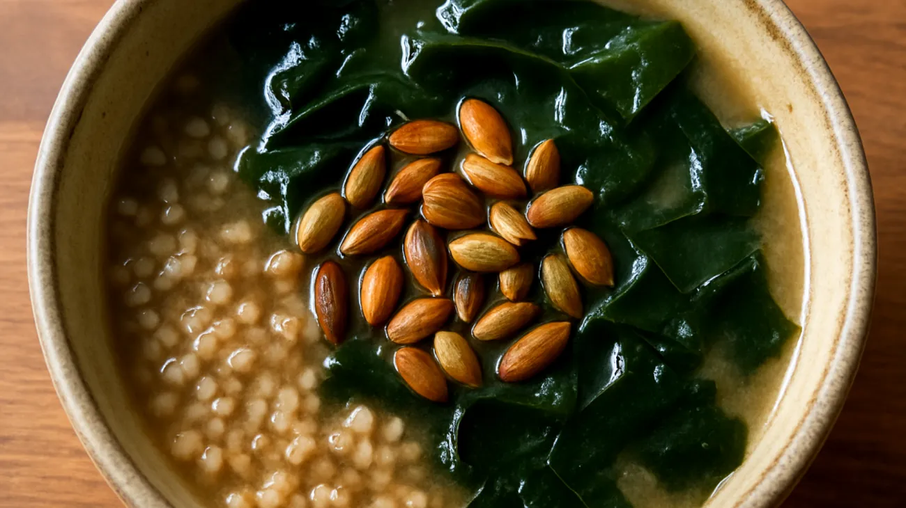 Buchweizen-Miso-Suppe mit Wakame-Algen und gerösteten Kürbiskernen"