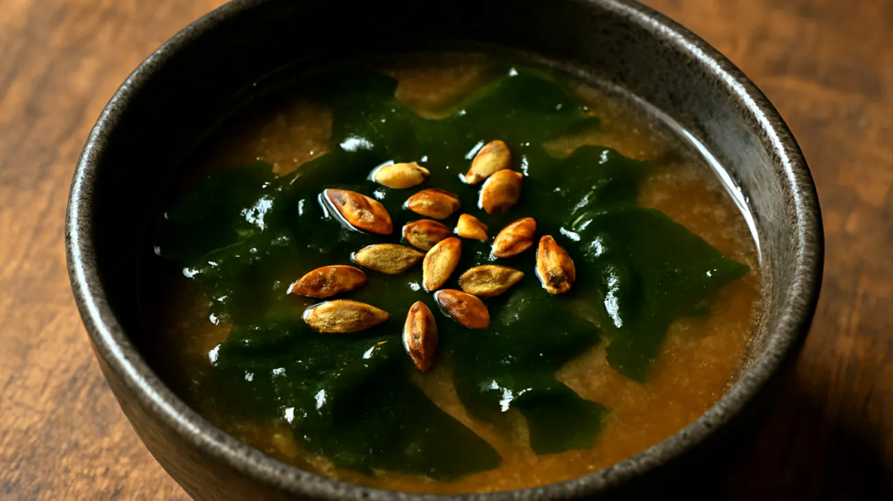 Miso-Suppe mit Wakame-Algen und gerösteten Kürbiskernen"