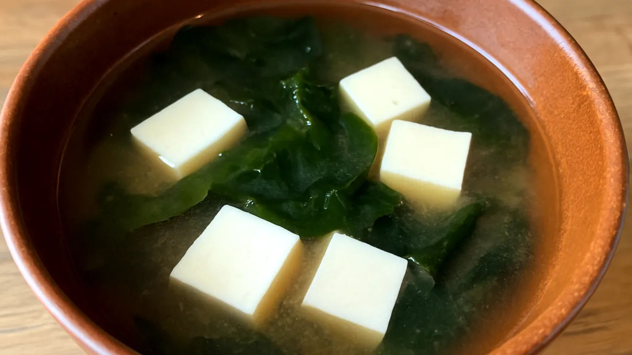 Miso-Suppe mit Wakame-Algen und Seidenbohnenquark (Silken Tofu)"
